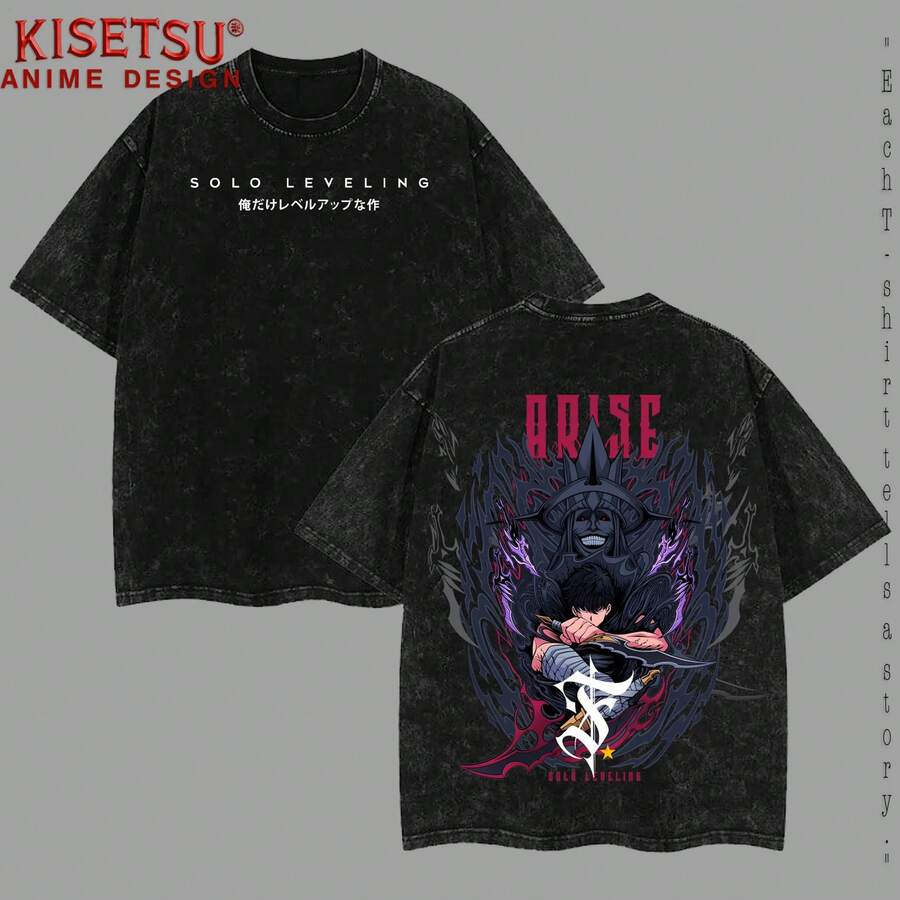 Limited Edition SOLO LEVELING Shirt - Sung Woo Jin Anime Double Printed Oversize Lightweight Acid Washed Tee, Gift For Anime Lover Clothing Cotton - màu đen - Xem 1