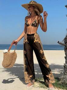 HaiiMeid 3pcs Burnt Orange Scallop Shell Print Bikini & High Split Pants Set - Sunset Glow Resort Swimwear - Vibrant Terracotta 3 PiecesBathing Suit - Multicolor - View 4