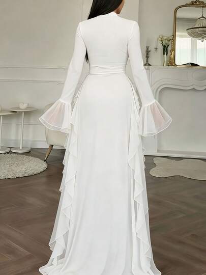ii Women's Elegant Flare Sleeve Ruffle Hem Maxi Dress White