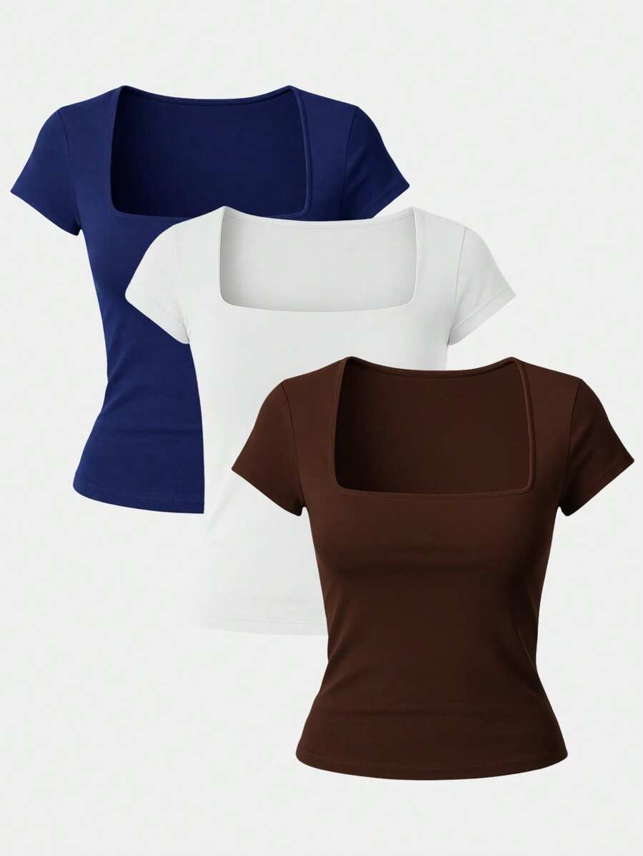 Set Of 3 Women's Short-Sleeve Blouses In Cool Mesh Spandex, Basic Square Neckline - Brown, White and Navy Blue - View 1