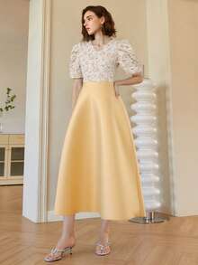 1pc Jacquard Patchwork Elegant Jacquard Puff Sleeve Midi Dress, Elegant Attire For Filipiniana, Holidays, Weddings, Vacations, Birthdays, Dates, Spring/Summer, Champagne Color - Champagne - View 2