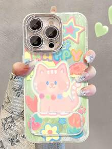 1pc Cute Cartoon Cat Mirror Phone Case Compatible With Apple 11/12/13/14/15/16/17 Pro Max - Green - View 1