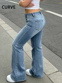Plus Size Women Vintage Washed Denim Casual Versatile Skinny Flare Long Jeans Spring - Light Wash - View 4