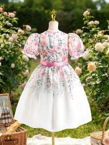 女童欧根纱圆领印花连衣裙，休闲日常涤纶面料，可爱优雅的童装 - 彩色 - 查看 2
