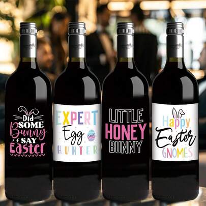 6pcs Happy Easter Bunny Theme Wine Bottle Labels Stickers - Self-Adhesive Stickers For Beverage Champagne Bottle Decor, Easter Wine Labels For Holiday Party Decorations, Novelty Gifts