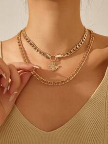 2pcs Gold-Tone Exaggerated Double-Layer Insect Pendant Necklace, Luxury Jewelry - Yellow Gold - View 6