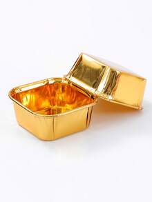 50/25 piezas Moldes para pasteles dorados con tapas, tazas de papel cuadradas con borde enrollado y revestimiento a prueba de aceite, moldes de aluminio desechables resistentes al calor, forros de papel brillante, adecuados para hornear en la cocina, catering, bodas y fiestas de cumpleaños, Navidad, muffins, postres - Dorado - Ver 6