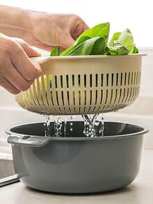 1pc Kitchen Double Layer Plastic Draining Basket, Vegetable Fruit Washing Bowl, Multi-Purpose Rice Washing Strainer - S - View 4