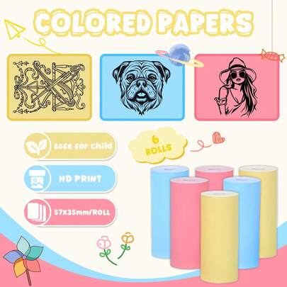 5Pcs,Colored Printer Paper, Mini Thermal Printer Paper, Inkless Print Papers For Most Kids Instant Camera, Photo Labels For Photos, To-Do Lists,57x25mm