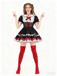 吸睛的红黑波点过膝袜：适合万圣节女巫装扮、圣诞派对、野餐、约会和音乐节穿搭。这款百搭时尚的袜子能最大程度地营造甜美清爽的氛围。 - 彩色 - 查看 2