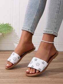 Damtofflor i H-form, avslappnad romersk stil, bekväm låg klack med präglad design, platta franska sandaler med strandmotiv - Vitt - Visa 2