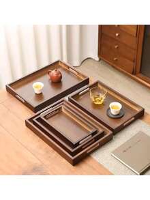 Black Wooden Tray, Suitable For Holding Food, Cakes, Salads, Fruits, Sushi, Beverages, Steaks, Pizzas, Etc. Matte Wood Grain Surface, Suitable For Cafes And Home Use, Can Also Be Used To Hold Desserts, Tea, Bread, Snacks And Cups. - Coffee Brown - View 2