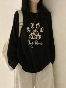 Women's Loose Fit Cotton Letter, Leopard Print, Dog Paw Graphic Long Sleeve T-Shirt, Versatile For Spring & Autumn - Black - View 2