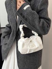 女士蝴蝶结装饰褶皱链条单肩包，适合日常通勤、旅行、购物、休闲外出 - 白色 - 查看 5