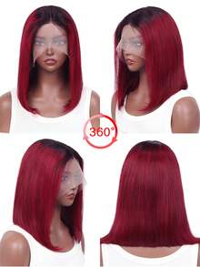 优雅渐变黑红短款波波头假发，女士款，8-14英寸，T字分缝，完美适合日常佩戴和角色扮演，派对假发，彩色直发波波头，可调节绑带 - S1B/99J - 查看 3