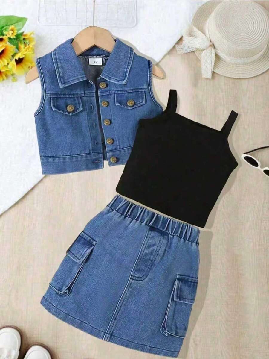 Young Girl Spring/Summer Washed Denim Vest Jacket With Pockets And Knitted Black Ribbed Tank Top, Skirt Three-Piece Set - Medium Wash - View 1