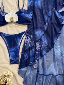 3pcs/Set Women Floral Print Elegant Sexy Backless Tie-Front Tankini Swimsuit & Skirt Beach Outfit, Spring/Summer - Blue - View 4