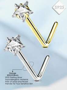 FOREVER QUEEN 1件925纯银L形鼻环/鼻钉，20G星形锆石鼻环/鼻钉，男女皆宜 - 鼻環 - 查看 2