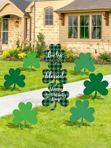6件套圣帕特里克节户外庭院装饰牌，带金属支架，圣帕特里克节庭院装饰，圣帕特里克节三叶草装饰 - 多色 - 查看 1