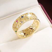 1pc Hollow Leaf Shaped Design Cubic Zirconia Inlaid Women Fashion Ring - Multicolor - View 9