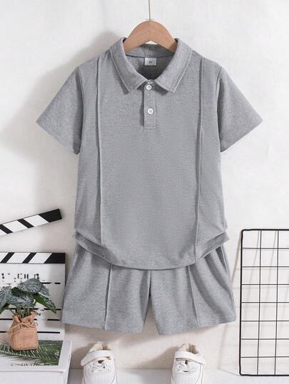2pcs/Set Boys' Casual Solid Color Button-Decorated Collar Short Sleeve Top And Shorts Outfit, Spring/Summer
