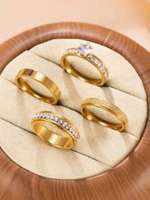 4件套金色叠戴戒指套装，女士款，镶钻+哑光纹理/旋转密镶戒指，适合日常、派对、休闲场合佩戴 - 戒指套裝 - 查看 1