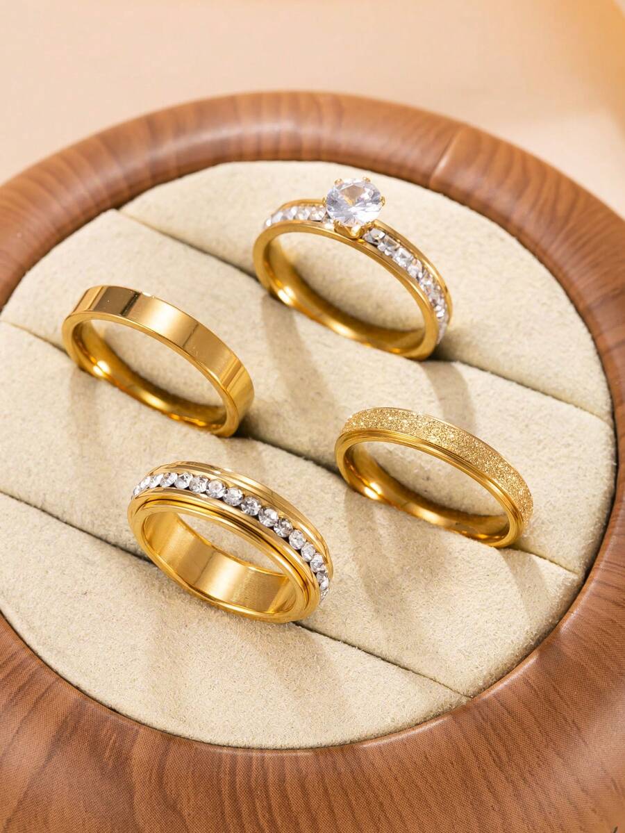 4件套金色叠戴戒指套装，女士款，镶钻+哑光纹理/旋转密镶戒指，适合日常、派对、休闲场合佩戴 - 戒指套裝 - 查看 1