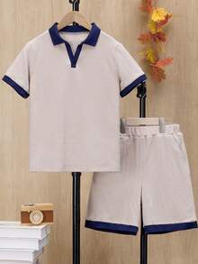 2pcs Boys Casual Ribbed Solid Color Short Sleeve Top With Pocket And Shorts Set, Spring/Summer - Khaki - View 2