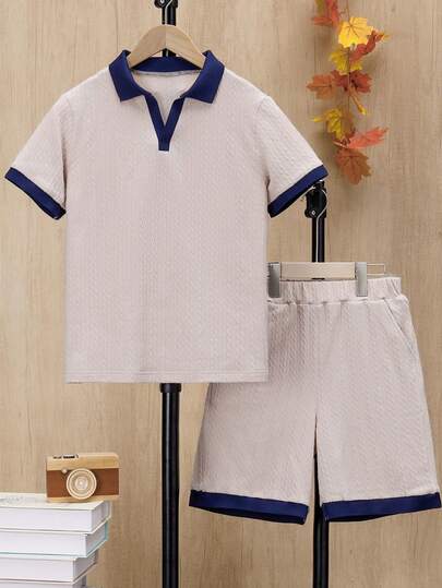 男童休闲罗纹纯色短袖上衣带口袋短裤套装（2件），春夏款