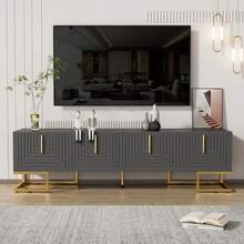 Low TV Stand With Textured Door, Gold Handles And Legs - Grey - View 12