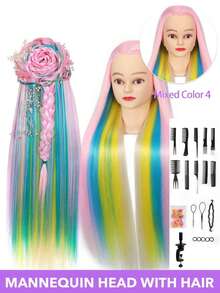 28-Inch Mannequin Head With Multicolored Synthetic Hair - Includes Free Clamp & Bonus Braiding Set For Hairdressing Practice For Cosmetology Practice Barber & Salon Styling Braiding & Practice Doll Head Durable & Easy Maintenance - Multicolor - View 12