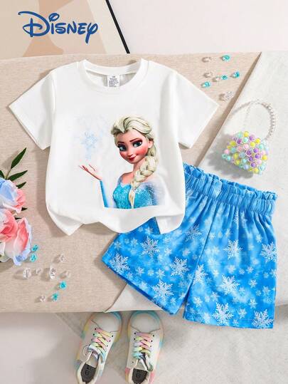  2pcs Disney Frozen Elsa Princess Print Short Sleeve T-Shirt & Shorts Set For Girls, Summer Children Fashion Cute Cartoon Round Neck Knit Top With All-Over Snowflake Print, Elastic Waist Casual Vacation Outfit