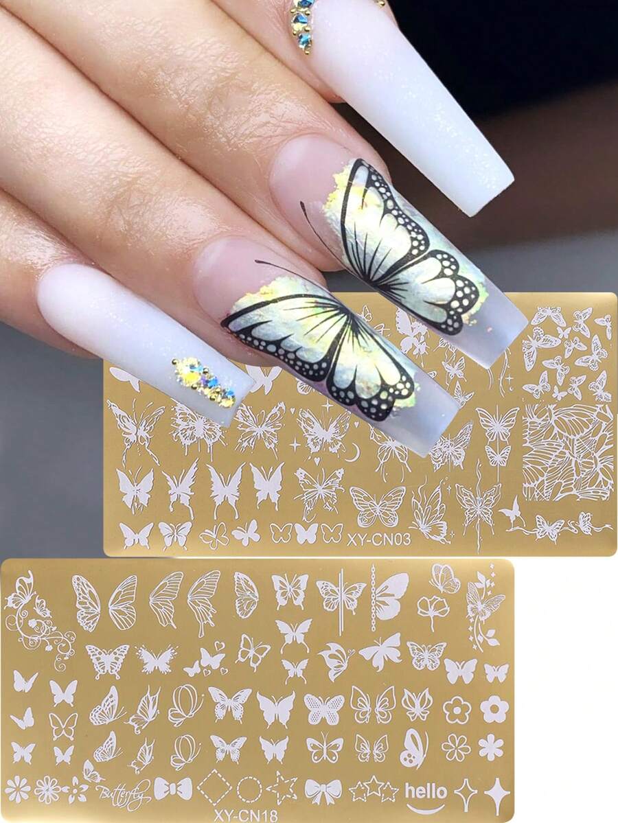 1/2PCS Butterfly Shaped Nail Template, Flower Butterfly Wing Star Pattern Nail Hot Stamping Plate, Essential DIY Nail Template Transfer Mold For Nail Salons - Gold - View 1