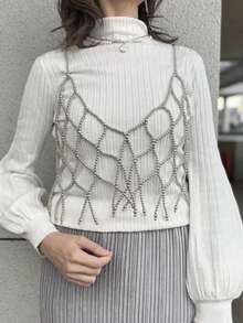 1pc Silver Minimalist Design Cute & Sweet Pearl Camisole, Versatile Pearl Beaded Tank Top, Fashionable Pearl Body Chain, Women Outfit - Silver Color - View 6