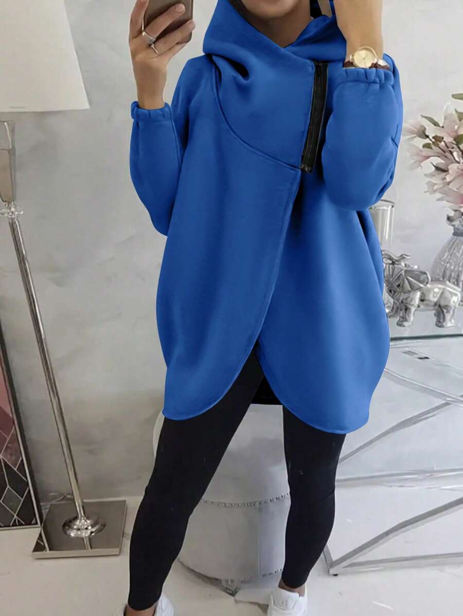 女款休閒優雅運動衫,純色拉鍊設計與鬱金香下擺,適合秋季穿著 - 藍色 - 查看 1