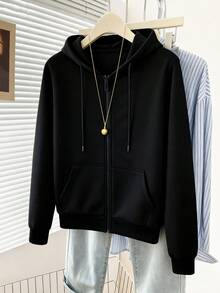 Women's Hooded Zipper Sweatshirt, Short Solid Color Sweatshirt Suitable For Fitness, Outdoor Sports And Casual Street Style, Spring/Summer - Black - View 7