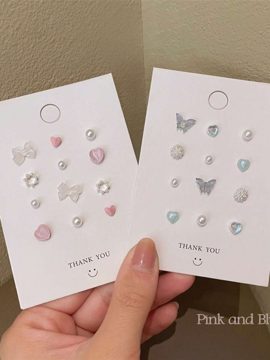 可爱蝴蝶结猫眼石耳环套装，百搭极光全息耳环 - 蝴蝶型 - 查看 1