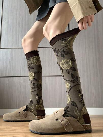 1pair,Women's Vintage Floral Knee-High Socks - Retro Aesthetic Knit Socks For Y2K & Grunge Outfits