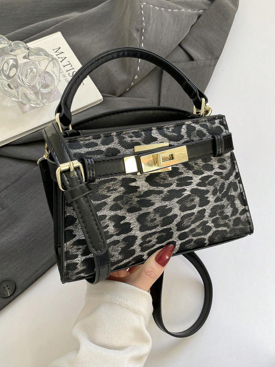 时尚豹纹扭扣手提包，休闲单肩斜挎包，女士 - 黑色 - 查看 1