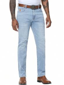 Men's Jeans Pants Regular Fit Straight-Leg Stretch Denim Comfort Vintage Streetwear Utility Style High Waist Relaxed Trouser Retro Casual Wear - 淺藍色 - 查看 2