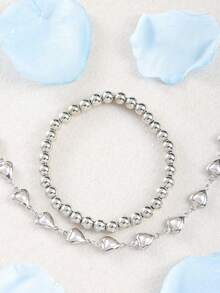 1 Set (2pcs) Fashionable & Elegant Beaded Bracelet, Heart & Faux Pearl Bracelet Set, Suitable For Dates, Valentine's Day Gift, Girlfriend - Silver - View 4