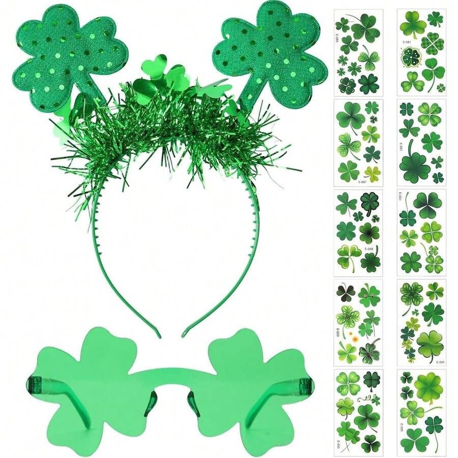 12-Piece St. Patrick's Day Sequin Clover Boppers, Shamrock Sunglasses & Temporary Tattoos Set - Irish Party Costume Accessories - 彩色 - 查看 1