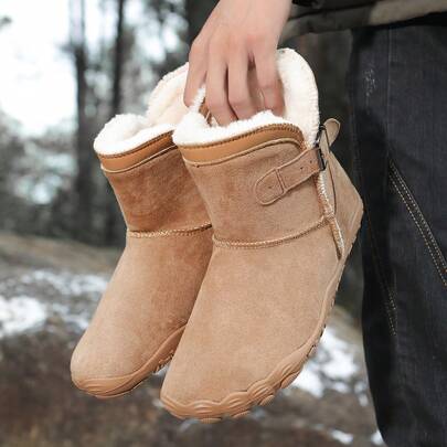 女士舒适保暖冬靴，女士赤脚五趾防滑中筒雪地靴，毛皮衬里仿皮靴，经典搭扣设计，适合室内外穿着