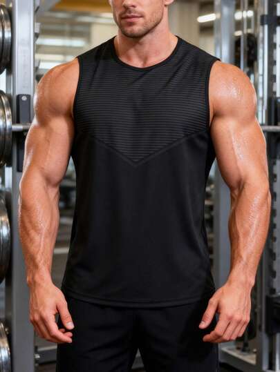 男士条纹网眼拼接运动背心三件套，透气速干无袖设计，V字拼接款式，适合健身、跑步、休闲穿着