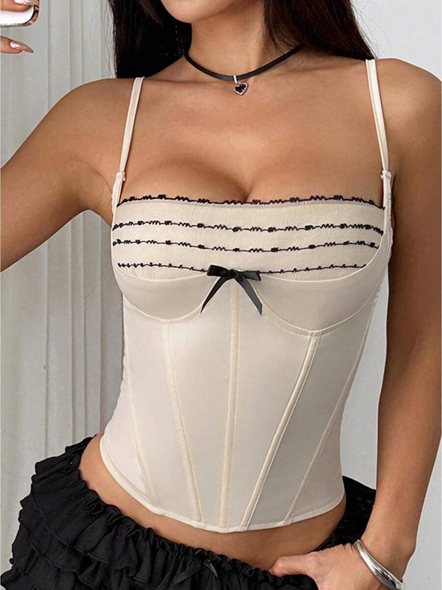 Women's Lace Trim Tank Tops Summer Fashionable Sleeveless Spaghetti Strap Slim Fit Corset Camisole - Rượu sâm banh - Xem 1