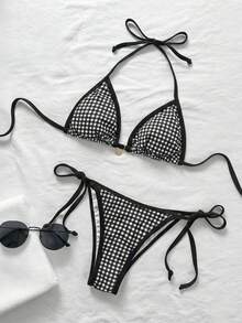 2026新款女士格纹比基尼套装，挂脖三角上衣，可调节肩带，侧系带泳裤，复古格纹泳装度假装 - 彩色 - 查看 2