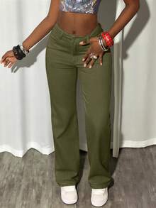 Women's Casual Straight-Leg Jeans - Army Green - View 4