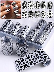 10 Rolls/Box Black & White Lace Nail Art Stickers, Nail Transfer Stickers, DIY Nail Decoration Accessories - 多色 3 - 查看 1