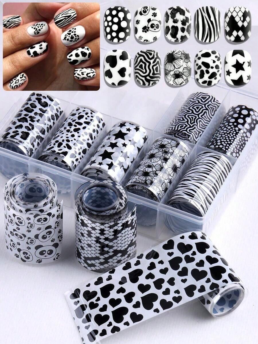 10 Rolls/Box Black & White Lace Nail Art Stickers, Nail Transfer Stickers, DIY Nail Decoration Accessories - 多色 3 - 查看 1