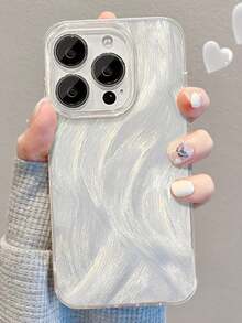 1pc Silver Feather Chiffon Full Coverage Phone Case + 3D Metal Stand, Compatible With IPhone 11/12/13/14/15/16/17/Pro Max - Silver - View 3